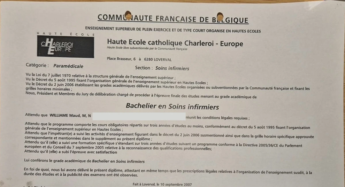 Extrait du diplôme original de bachelier en soins infirmiers de Maud Williame, délivré le 10 septembre 2007